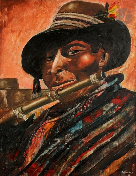 Amilcar SALOMON ZORRILLA (XX-XXIe siècle)
Le Quechua à la flûte, 1968
Huile sur isorel.
Signée et datée en bas à droite.
69 x 53 cm