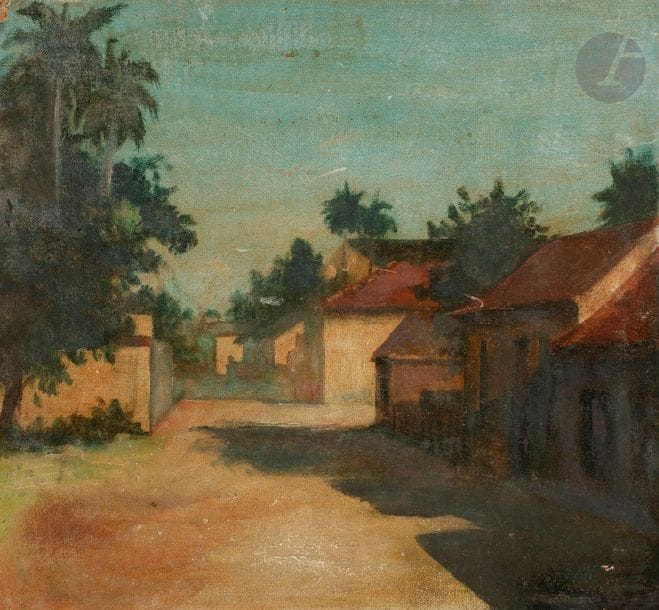 Roberto VASQUEZ (1909-1969)
Village à Cuba, 1933
Huile sur carton toilé.
Monogrammée en bas à droite.
Signée, datée et annotée au dos.
(Usures).
31 x 34 cm