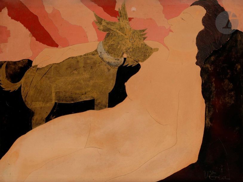 VU-GIA (1900-1976
)Woman
 with DogPainting

, enamel and gilding on

 engraved

 copper plate

.

 Signed lower

 right.

 50 x 65 cm

