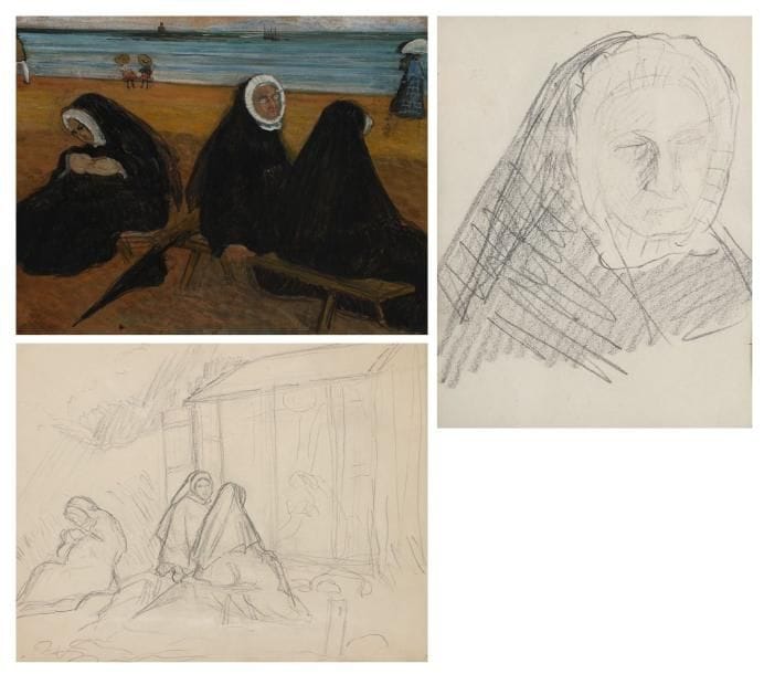 JEAN-ÉMILE LABOUREUR (1877-1943)
Religieuses au bord de la mer. Vers 1901. Peinture à l'essence sur carton. 645 x 500. S. L. 19. Infimes accidents en surface. Joint: 2 dessins préparatoires à la mine de plomb sur vélin. À vue: 310 x 245 et 112 x 140. Trous de punaises dans les angles inférieurs à l'un d'eux. Ens. 3 p. dans deux cadres.