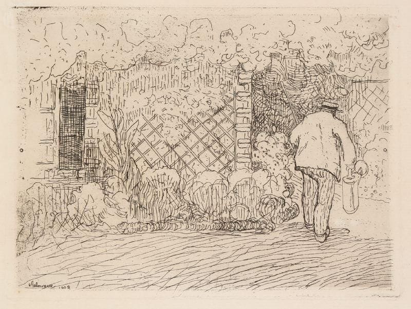 JEAN-ÉMILE LABOUREUR (1877-1943)
L'Arrosoir (le père de l'artiste). 1901. Eau-forte. 180 x 135. S. L. 31. L'une des 10 épreuves du 1er état (sur 2), sur vergé crème, avant les tailles sur la veste, annotée en pied «n° 8 premier état (10 ép.)» et signée à la plume et à l'encre. Traces claires d'oxydation et légère épidermure en tête du feuillet. Tirage total inconnu.