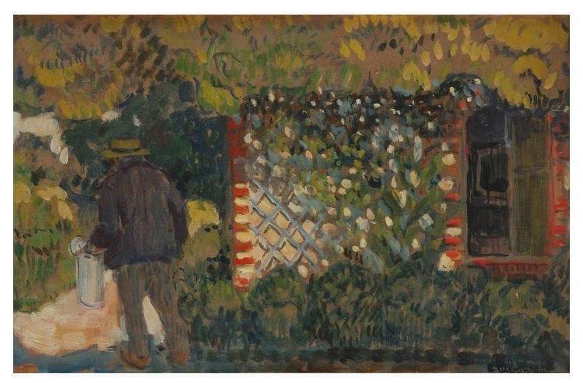 JEAN-ÉMILE LABOUREUR (1877-1943)
L'Arrosoir (le père de l'artiste). 1903. Huile sur carton. À vue: 495 x 320. S. L. 36. Signée dans l'angle inférieur droit. Cadre. Au verso: étiquette de l'expéditeur parisien à l'Institut Carnegie, pour l'exposition de Pittsburgh en 1904. Joint: photographie de l'intérieur de l'artiste présentant ce tableau.