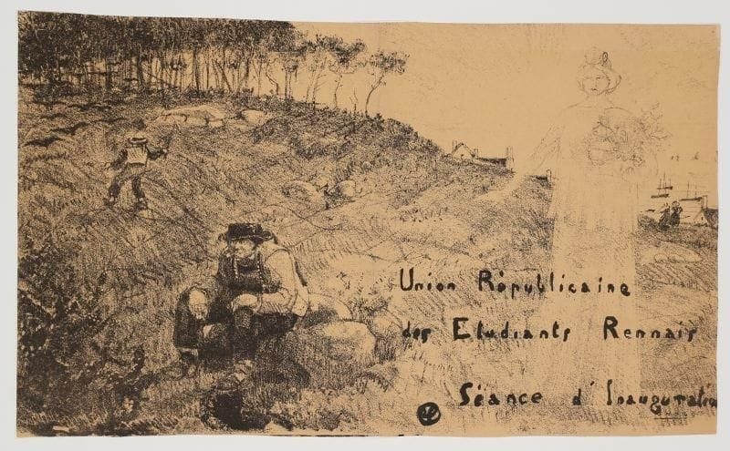 JEAN-ÉMILE LABOUREUR (1877-1943)
Union républicaine des Étudiants rennais; séance d'inauguration. Programme. 1903. Lithographie. 410 x 247. S. L. 765. Épreuve tirée pleines marges. Pli vertical médian. L'une des quelques épreuves sans le texte typographié au verso. Très rare. Le jeune Breton à l'arrière-plan, contrairement à son aïeul assis au premier plan, écrasé par le poids de la tradition, chasse un vol de corbeaux tandis que s'avance, majestueuse, la République, porteuse des promesses qui devaient s'incarner deux ans plus tard dans la séparation de l'Église et de l'État.