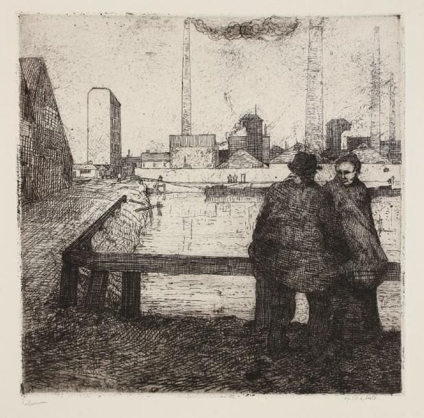JEAN-ÉMILE LABOUREUR (1877-1943)
Le Bord du vieux canal, Nantes. 1903-1908. Eau-forte. 237 x 237. S. L. 81. Épreuve sur vélin blanc, signée et annotée «épreuve d'artiste», d'un tirage effectué vers 1938. Tirage total à env. 50 épreuves.