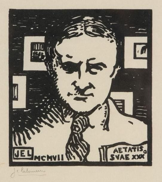 JEAN-ÉMILE LABOUREUR (1877-1943)
Portrait de l'artiste (à l'âge de 30 ans). 1907. Bois gravé. 88 x 97. S. L. 639. Épreuve sur japon, signée à la mine de plomb. Tirage total à nombre. Cadre.