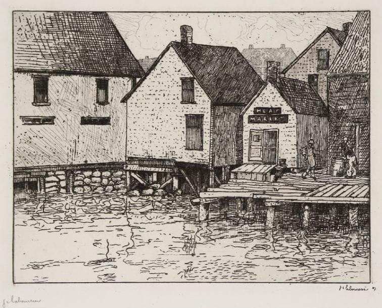 JEAN-ÉMILE LABOUREUR (1877-1943)
Coin de port, Nouvelle-Écosse (Lockeport ?). 1907. Eau-forte sur zinc. 190 x 153. S. L. 66. Épreuve sur vergé blanc, signée à la mine de plomb. Rare. Tirage total à 14 épreuves.