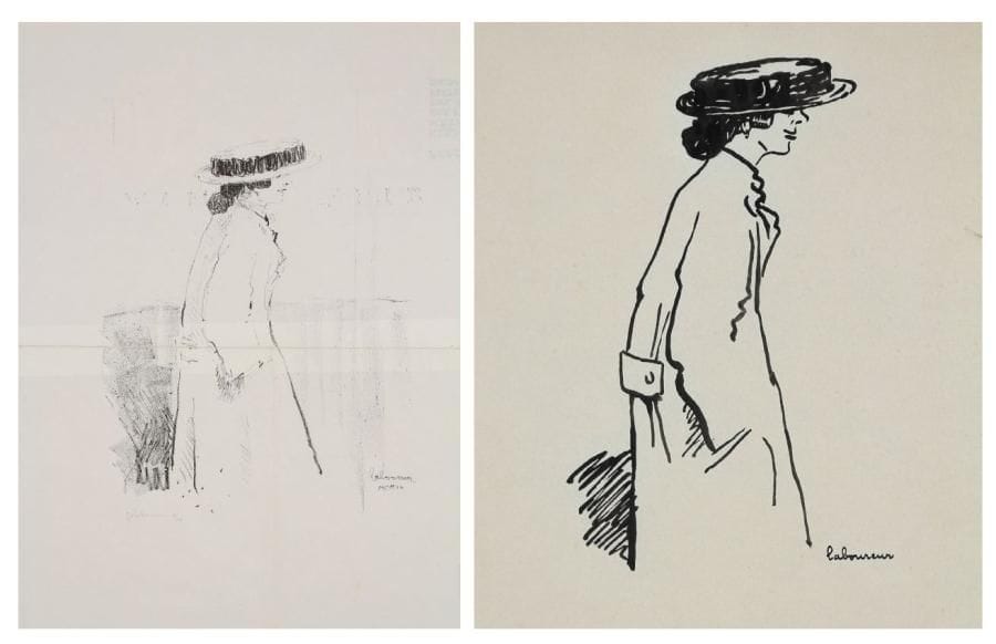 JEAN-ÉMILE LABOUREUR (1877-1943)
Soho Girl. 1909. Dessin préparatoire pour la lithographie, S. L. 773. Pinceau et encre de chine sur vélin mince. [185 x 240]. Signé en bas à droite. Légères traces de plis. Joint: lithographie. 165 x 200. S. L. 773. Épreuve tirée sur vélin blanc, numérotée et signée à la mine de plomb, coupée en deux, avec pli vertical médian, portant au verso un projet de maquette pour les Mimes d'Hérondas, les deux morceaux raboutés par une bande de papier gommé (épreuve citée par S. L.). Ens. 2 p.