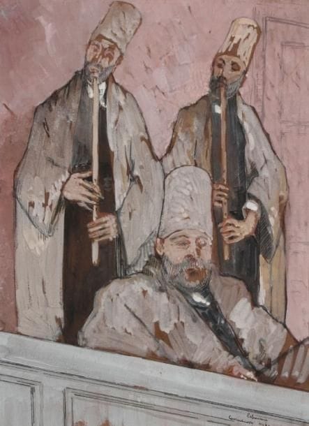JEAN-ÉMILE LABOUREUR (1877-1943)
La Musique des derviches tourneurs. 1910. Aquarelle. À vue: 220 x 300. S. L. 264. Localisée, signée et datée dans l'angle inférieur droit: «Laboureur / Constantinople / MCMX». Cadre.
