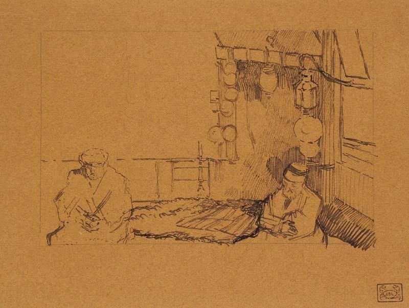 JEAN-ÉMILE LABOUREUR (1877-1943)
Bazar à Smyrne. Vers 1909-1910. Dessin à la plume et à l'encre de chine sur vergé teinté ocre. [325 x 250]. Filet d'encadrement à la mine de plomb. Timbre au crabe dans l'angle inférieur droit.