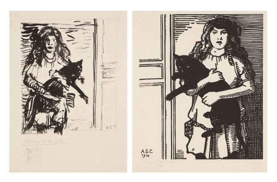 JEAN-ÉMILE LABOUREUR (1877-1943)
La Gosse aux cheveux rouges. 1910. Bois gravé (avec le monogramme «A.S.C.»). 128 x 148. S. L. 787. Épreuve sur japon, signée «Algernon St John Crabbe» et numérotée à la mine de plomb. Fin pli de tirage oblique en travers de la porte. Rare. Tirage total à 11 épreuves. Joint: dessin préparatoire au pinceau et à l'encre de chine sur vélin, [167 x 262], encadré d'un filet à la mine de plomb, titré en pied «Little Mary with the red hair», avec croquis additionnel sous le titre. Ens. 2 p.