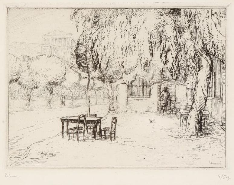 JEAN-ÉMILE LABOUREUR (1877-1943)
L'Acropole vu depuis l'auberge «A Socrate le philosophe». 1912. Eau-forte. 157 x 117. S. L. 100. Épreuve sur vélin crème mince, signée et numérotée à la mine de plomb, annotée en pied «2e Etat» et titrée «Le Pas de la porte». Rare. Tirage à 11 épreuves.