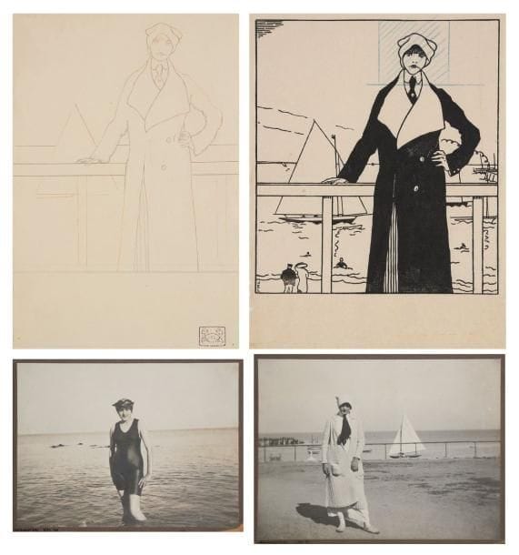 JEAN-ÉMILE LABOUREUR (1877-1943)
La Tendre Asclépias (Anthologie grecque, pl. 7). 1912. Bois gravé. 166 x 186. S. L. 670. Épreuve sur japon mince, avec quadrillage au crayon bleu sur la tête. Pli horizontal médian. Trou de punaise oxydé en tête. Quelques rousseurs. De toute rareté. Tirage à 3 épreuves seulement. Joint: dessin préparatoire à la mine de plomb et à la sanguine sur vélin, [170 x 250], revêtu du timbre au crabe. Joint: 2 photographies (Noirmoutier, septembre 1911) ayant servi de modèle à la gravure. Ens. 4 p.