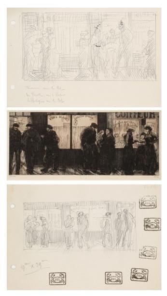 JEAN-ÉMILE LABOUREUR (1877-1943)
Boutiques sur le port. 1912. Eau-forte. 390 x 176. S. L. 111. Épreuve sur vergé crème, l'une des 3 du 1er état (sur 2), avant de nouveaux travaux à la pointe sèche, signée et numérotée à la mine de plomb puis annotée en pied à gauche: «État (3 épreuves) Boutiques sur le Port». Tirage total à 22 ou 25 épreuves. Joint: 2 dessins préparatoires à la mine de plomb sur vélin mince (pages de carnet). [180 x 130]. Annotations manuscrites. Nombreux essais du timbre au crabe dans les marges à l'un d'eux. Ens. 3 p.