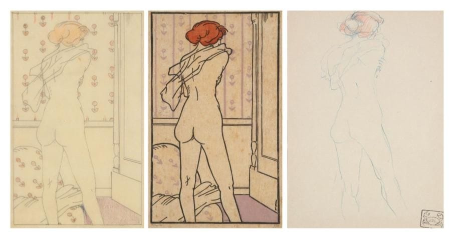 JEAN-ÉMILE LABOUREUR (1877-1943)
Une puce. 1913. Bois gravé. 150 x 251. S. L. 689. Épreuve sur japon, l'une des 9 tirées en couleurs du vivant de l'artiste, signée et numérotée à la mine de plomb. Rousseurs. Tirage total à 41 épreuves (la plupart tirées en noir à titre posthume en 1988). Joint: 2 dessins préparatoires, l'un à la mine de plomb sur calque avec rehauts aux crayons de couleurs, à vue: 160 x 260, l'autre aux crayons de couleurs sur vélin blanc, à vue: 125 x 172, revêtu du timbre au crabe. Ens. 3 p. dans un cadre.