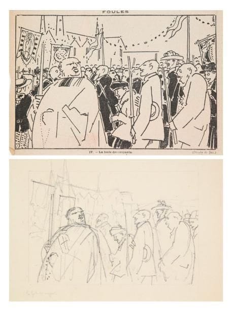 JEAN-ÉMILE LABOUREUR (1877-1943)
La Foule des croyants. Planche parue dans Le Bonnet rouge. 1913-1914. Procédé photomécanique d'après un dessin à la plume. [193 x 135]. S. L. 805-4. Coupure du journal, sur vélin, montée par ruban adhésif en tête. Joint: dessin préparatoire à la mine de plomb sur vélin, [268 x 210], titré en pied. Ens. 2 p.