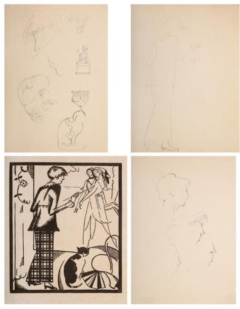 JEAN-ÉMILE LABOUREUR (1877-1943)
Portrait: Marie Laurencin. 1914. Bois gravé. 219 x 250. S. L. 707 (cliché inversé). Épreuve sur japon vergé. Innombrables rousseurs claires. Petits manques aux bords du feuillet. Tirage total à 49 épreuves. Joint: 3 croquis préparatoires à la mine de plomb sur vélin (pages de carnet). Chaque env. [200 x 265]. Ens. 4 p.