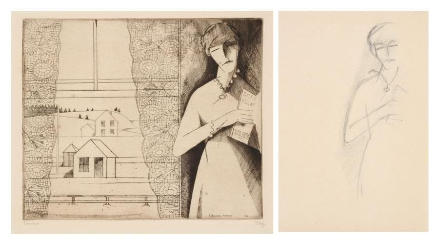JEAN-ÉMILE LABOUREUR (1877-1943)
La Fenêtre canadienne. 1914. Eau-forte. 195 x 165. S. L. 131. Épreuve sur vélin mince crème, signée et numérotée à la mine de plomb, puis annotée en pied à gauche, l'une des 4 tirées en 1914. Tirage total à 37 épreuves (dont 6 posthumes). Joint: croquis préparatoire à la mine de plomb sur vélin mince (page de carnet). [213 x 210]. Ens. 2 p.