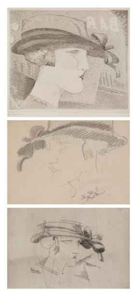 JEAN-ÉMILE LABOUREUR (1877-1943)
Yvette. 1915 ou 1916. Burin et pointe sèche. À vue: 190 x 130. S. L. 139. Épreuve sur vélin, l'une des 4 du 2e état (sur 2) avec la signature gravée. Très rare. Tirage total à 7 épreuves. Joint: dessin préparatoire à la mine de plomb sur vergé. À vue: 112 x 75. Joint: Le Chapeau rose. 1921-1928. Eau-forte et aquatinte. À vue: 112 x 88. S. L. 212. Réunion d'une épreuve du 1er état (sur 4), au trait, sur vergé, et d'une épreuve du 3e état, avec l'aquatinte mais avant le monogramme, sur vélin. Tirage total à 22 épreuves. Ens. 4 p. dans un cadre. Yvette constitue le premier burin de l'artiste.