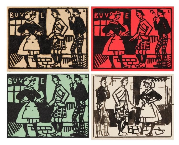 JEAN-ÉMILE LABOUREUR (1877-1943)
Les Écossais et la Sablaise. (Petites Images de la Guerre, pl. 1). 1915. Bois gravé. 88 x 70. S. L. 708-1. Réunion de 2 épreuves, la 1re sur vélin mince beige, annotée en pied «1er Etat» puis «agrandir à 10 cm / 13 cm» (en vue du cliché), la 2e sur vélin teinté vert d'eau. Joint: dessin préparatoire au pinceau et à l'encre de chine sur vélin mince (page de carnet), [215 x 165], et reproduction du bois gravé sur vélin teinté rose, 132 x 103, pour la revue L'Élan. Ens. 4 p.