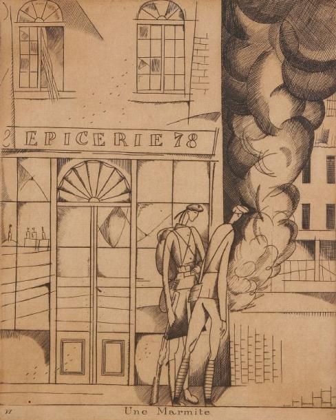 JEAN-ÉMILE LABOUREUR (1877-1943)
Une marmite (Petites images de la Guerre sur le front britannique, pl. 6). 1916. Burin. 137 x 172. S. L. 149. Épreuve sur vélin, oxydée, de l'état définitif. Cadre.