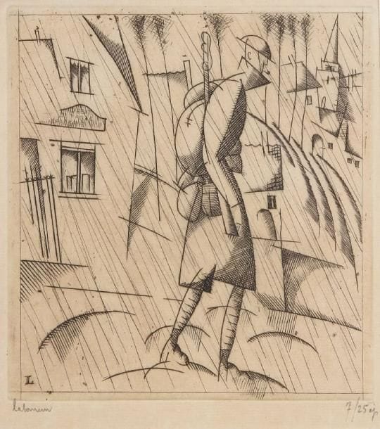 JEAN-ÉMILE LABOUREUR (1877-1943)
Le Soldat sous la pluie. 1916. Burin. 97x 102. S. L. 167. Épreuve sur vélin, signée et numérotée à la mine de plomb. Tirage total à 84 épreuves. Cadre.