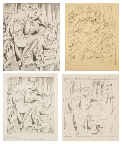 JEAN-ÉMILE LABOUREUR (1877-1943)
Bachelor's Fare. 1916-1920. Burin. 127 x 154. S. L. 169. Deux épreuves sur vélin du 1er état (sur 3), avant effaçage de la main et du verre, l'une signée à la mine de plomb, l'autre avec corrections apportées à la plume et à l'encre sur les parties à retoucher. Tirage à 5 épreuves de cet état. Tirage total à 38 épreuves. Joint: 2 dessins préparatoires à la plume et à l'encre de chine, l'un sur calque, l'autre sur vélin réglé provenant d'un carnet, avec annotations en tête. Ens. 4 p. dans un cadre.