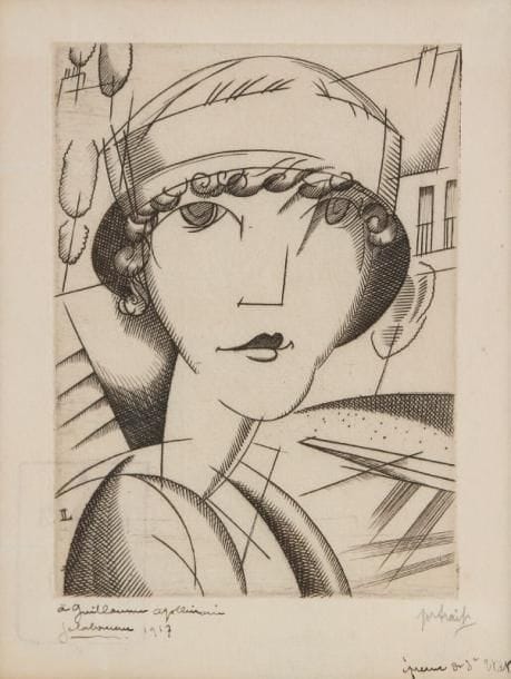 JEAN-ÉMILE LABOUREUR (1877-1943)
Portrait. 1917. Burin. 78 x 106. S. L. 170. Épreuve sur vergé mince, titrée à la mine de plomb, dédicacée: «à Guillaume Apollinaire / Je Laboureur / 1917» puis dans l'angle inférieur droit: «epreuve du 3e état». Tirage à 54 épreuves. Cadre.