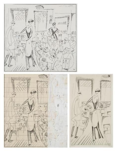 JEAN-ÉMILE LABOUREUR (1877-1943)
La Pâtisserie du front. 1917. Eau-forte. 130 x 225. S. L. 177. Épreuve sur vélin blanc, signée et numérotée à la mine de plomb, du tirage de 1917. Rare. Tirage total à 10 épreuves. Joint: dessin préparatoire à la plume et à l'encre de chine sur vélin crème, à vue: 140 x 155, mis au carreau, le tiers droit passé à la gouache blanche pour redéfinir le sujet finalement gravé. Joint: reproduction du dessin (avant réduction du sujet) tel que paru dans l'ouvrage Dans les Flandres britanniques. À vue: 165 x 158. Ens. 3 p. dans un cadre.