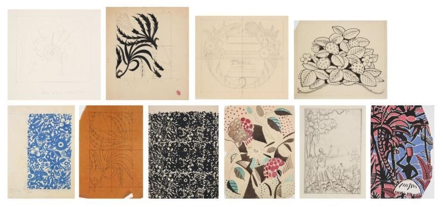 JEAN-ÉMILE LABOUREUR (1877-1943)
Motifs pour des papiers peints, tentures murales et ornements. Vers 1920. Réunion de 8 projets, dessins à l'encre de chine, à la mine de plomb ou à la gouache, sur différents papiers, certains annotés. Formats divers. Joint: 4 fragments du papier peint Le Marin et la négresse (S. L. 329,7), en deux variantes de couleurs. Ens. 12 p.