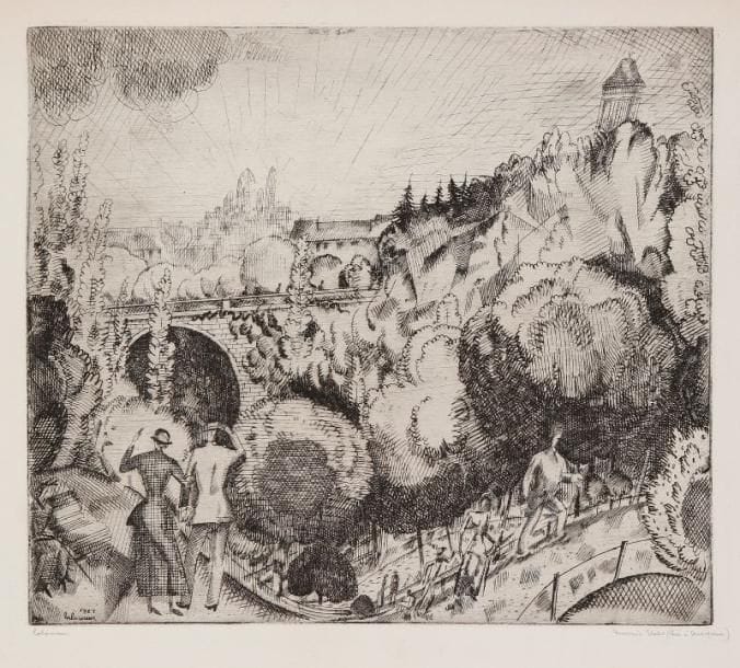 JEAN-ÉMILE LABOUREUR (1877-1943)
Paysage aux Buttes-Chaumont (2e planche). 1921. Eau-forte. 230 x 203. S. L. 205. L'une des 2 épreuves du 2e état (sur 3) avant les tailles horizontales dans l'arbre à droite, sur vélin blanc, signée et annotée: «deuxième état (tiré à deux épreuves)». Fine trace d'oxydation aux bords du feuillet. Tirage total à 67 épreuves.