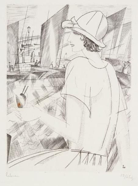 JEAN-ÉMILE LABOUREUR (1877-1943)
Jeune fille au cocktail (Le Croisic). 1921. Burin. 123 x 164. S. L. 224. Épreuve sur vergé blanc mince, signée et numérotée à la mine de plomb. Petit point de rouille dans le verre. Tirage total à 73 épreuves.