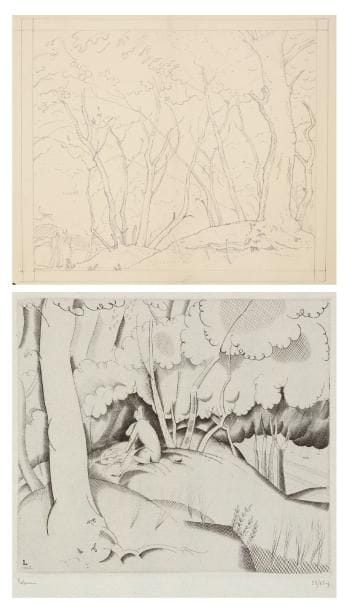 JEAN-ÉMILE LABOUREUR (1877-1943)
L'Amour au bois (Noirmoutier). 1922. Burin. 172 x 155. S. L. 230. Épreuve sur vergé ancien azuré, signée et numérotée à la mine de plomb. Trace claire d'oxydation marginale. Tirage total à 78 épreuves. Joint: dessin préparatoire à la mine de plomb sur vélin crème fort. [350 x 250]. Pli vertical médian. Ens. 2 p.