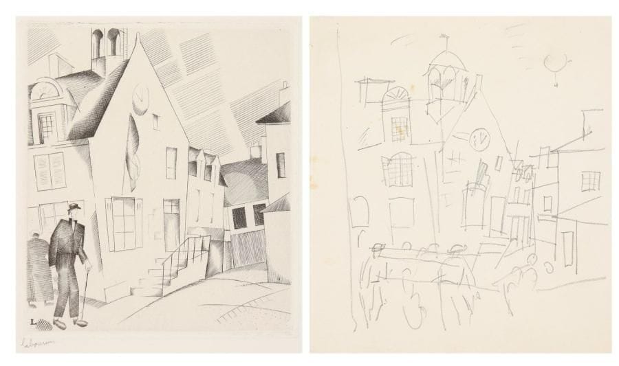 JEAN-ÉMILE LABOUREUR (1877-1943)
Le Petit hôtel de ville (La Roche-Bernard). 1922. Burin. 110 x 126. S. L. 244. Épreuve sur vélin, signée à la mine de plomb. Petites traces d'adhésif oxydées au bord droit et en tête du feuillet. Tirage total à 47 épreuves. Joint: dessin préparatoire à la mine de plomb sur vélin mince. [173 x 196]. Petites rousseurs. Ens. 2 p.