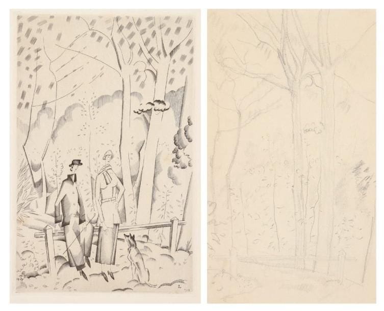 JEAN-ÉMILE LABOUREUR (1877-1943)
En forêt. 1922. Burin. 142 x 220. S. L. 247. Épreuve sur vélin. Menus accidents et rousseurs aux bords du feuillet. Restes d'encadrement au verso. Tirage total à 78 épreuves. Joint: 2 dessins préparatoires à la mine de plomb sur vélin mince (pages de carnet). [173 x 195] et [118 x 202]. Ens. 3 p.