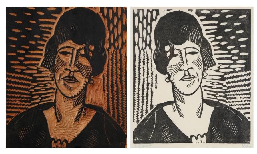 JEAN-ÉMILE LABOUREUR (1877-1943)
Figure. 1923. Bois gravé. 220 x 250. S. L. 742. Épreuve sur japon, signée et numérotée au crayon bleu. Forts plis cassés au bord droit du feuillet. Tirage à 15 épreuves (malgré la numérotation sur 30). Joint: bloc de bois gravé. 215 x 250 x 24. S. L. 742. Petites usures et manques au bord droit.