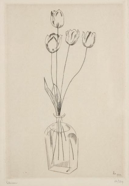 JEAN-ÉMILE LABOUREUR (1877-1943)
Les Tulipes rouges. 1923. Burin. 125 x 177. S. L. 254. Épreuve sur vergé mince blanc, signée et numérotée à la mine de plomb. Trace d'oxydation sous le passe-partout. Tirage total à 48 épreuves. Cadre.