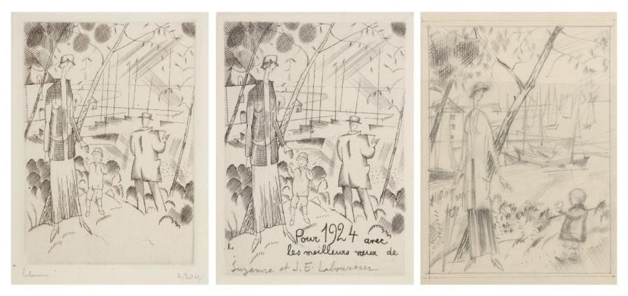 JEAN-ÉMILE LABOUREUR (1877-1943)
Le Croquis sur le port (Le Croisic). Carte de voeux pour 1924. 1923. Burin. 70 x 95. S. L. 269. Réunion de 2 épreuves sur vélin, l'une du 1er état (sur 2), avant de nouveaux travaux, l'autre de l'état définitif, annotée par Suzanne Laboureur. Joint: dessin préparatoire à la mine de plomb sur vélin. À vue: 80 x 110. Ens. 3 p. dans un cadre.