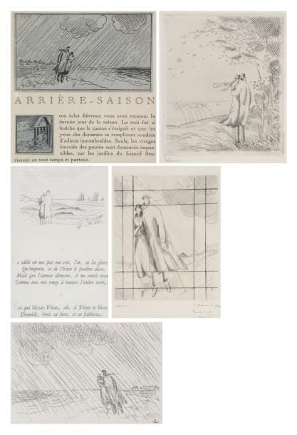 JEAN-ÉMILE LABOUREUR (1877-1943)
La Pluie sur la plage. 1924. Burin. 120 x 147. S. L. 281. Épreuve tirée sur le cuivre biffé sur vélin blanc, signée et annotée à la mine de plomb. Joint: La Pluie sur la plage (petite planche). 1920. Eau-forte. 90 x 60. S. L. 199. Épreuve sur vélin blanc. Joint: illustration pour Les Contrerimes de P.-J. Toulet, H. Petiet éditeur, 1930. Burin et texte typographié. À vue: 135 x 210. S. L. 404-47. Épreuve sur vélin blanc. Joint: frontispice pour Mystique des tempêtes de M.-A. Guégan, A. Delpeuch éditeur, 1927. Burin. 70 x 82. S. L. 338. Épreuve sur vélin blanc. Joint: sujet pour la Gazette du Bon Ton pour illustrer Arrièresaison de Roger Allard. 1920. Fac-similé de dessin et texte typographié. À vue: 132 x 137. S. L. 814-5. Ens. 5 p. dans un cadre.