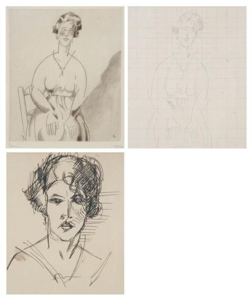 JEAN-ÉMILE LABOUREUR (1877-1943)
La Fille à Mélie. 1924. Burin et aquatinte. 122 x 145. S. L. 282. Épreuve sur vélin, signée et numérotée à la mine de plomb. Tirage total à 49 épreuves. Joint: 2 dessins préparatoires sur vélin, chacun à vue: 120 x 140, l'un à la plume et à l'encre de chine, l'autre à la mine de plomb avec mise au carreau. Ens. 3 p. dans un cadre. Le modèle est la fille de la femme de ménage de l'artiste, au Croisic. Le sujet est à rapprocher de l'huile sur toile Ernestine ou La Fille à Mélie (S. L., t. III, n° 141).