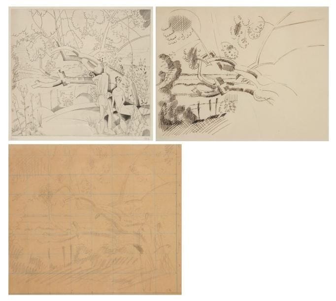 JEAN-ÉMILE LABOUREUR (1877-1943)
Le Vieux poirier. 1925. Burin. 280 x 262. S. L. 293. Épreuve sur vélin, l'une des 3 du 1er état (sur 3), avant de nouveaux travaux, signée et numérotée à la mine de plomb. Tirage total à 103 épreuves. Joint: 2 dessins préparatoires, l'un à la plume et à l'encre de chine sur vélin blanc, à vue: 240 x 193, l'autre à la mine de plomb sur vélin mince chamois, à vue: 198 x 178, avec mise au carreau au crayon bleu. Ens. 3 p. dans un cadre.