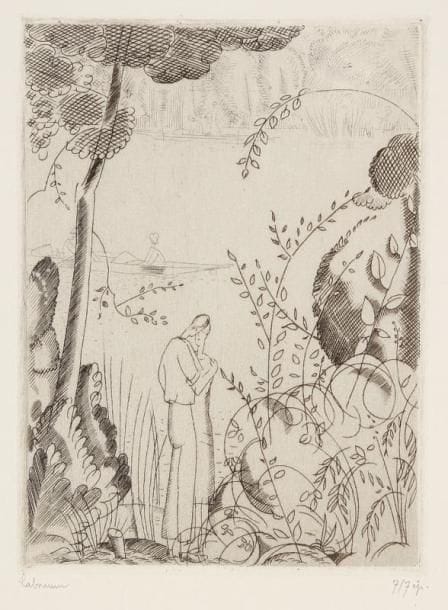 JEAN-ÉMILE LABOUREUR (1877-1943)
Les Amoureux du bord de l'eau. 1925. Burin. 113 x 155. S. L. 311. L'une des 7 épreuves du 1er état (sur 3), avant de nouveaux travaux, sur vélin blanc mince. Tirage total à environ 96 épreuves.