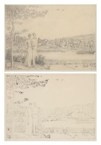 JEAN-ÉMILE LABOUREUR (1877-1943)
[Amoureux dans la campagne]. Vers 1925. Eau-forte. À vue: 325 x 239. S. L. non décrit. Épreuve du 1er état, au trait, sur vélin crème, signée et annotée à la mine de plomb. Joint: dessin préparatoire à la mine de plomb sur vélin. À vue: 322 x 240. Signé du monogramme dans le sujet en bas à droit. Ens. 2 p. dans un cadre. Planche demeurée inédite.