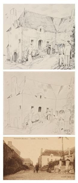 JEAN-ÉMILE LABOUREUR (1877-1943)
Promenade à la ferme. 1926-1927. Burin. 185 x 168. S. L. 330. Réunion d'une épreuve du 1er état (sur 4), avant de nouveaux travaux, et d'une épreuve de l'état définitif, chacune sur vélin, ni signée ni numérotée. Joint: carte postale représentant «Kerfahler - Route de la plage» à Pénestin (avec la ferme ayant servi de modèle à l'estampe). Ens. 3 p. dans un cadre.