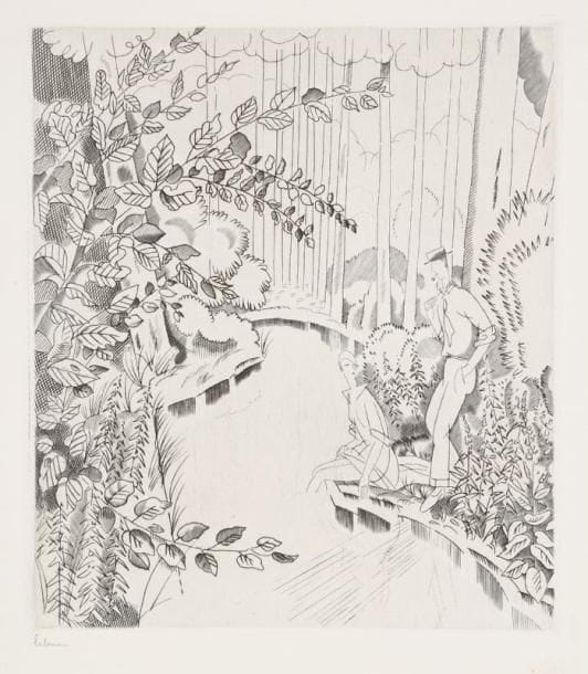 JEAN-ÉMILE LABOUREUR (1877-1943)
Le Ruisseau sous bois. 1927. Burin. 191 x 221. S. L. 353. L'une des 10 épreuves du 2e état (sur 3), avant de nouveaux travaux et avant le monogramme, sur vélin blanc, signée à la mine de plomb puis annotée en pied à gauche. Tirage total à 95 épreuves.