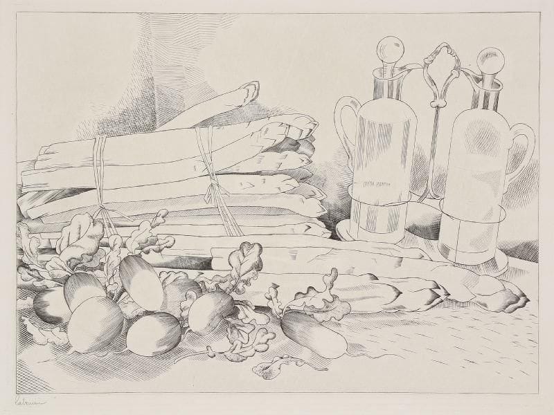 JEAN-ÉMILE LABOUREUR (1877-1943)
Asperges et radis. 1928. Burin. 238 x 180. S. L. 384. Épreuve sur vélin blanc, du 3e état (sur 4), avant le monogramme, signée à la mine de plomb. Tirage total à 75 épreuves environ.