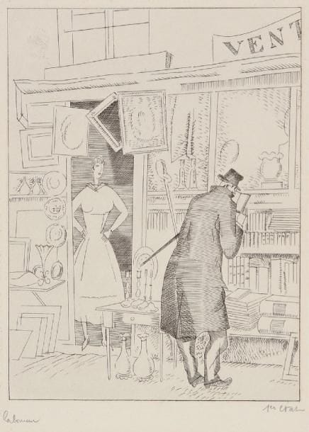 JEAN-ÉMILE LABOUREUR (1877-1943)
Le Fureteur. 1929. Eau-forte et burin. 113 x 150. S. L. 398. L'un des 11 épreuves du 1er état (sur 2), avant de nouveaux travaux dans l'enseigne et avant le monogramme, signée à la mine de plomb et annotée «1er Etat» puis titrée en pied à gauche. Infime trace d'oxydation. Dans son état définitif, cette planche a servi de frontispice au Catalogue des très beaux livres illustrés de gravures originales, de Delacroix à Chagall (S. A. Georg Libraires, Paris, 1929).