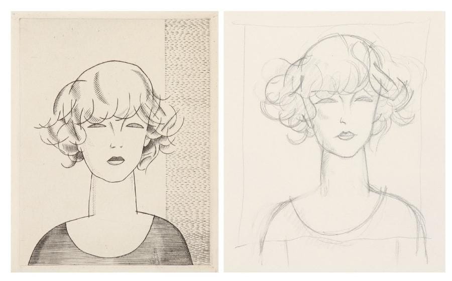 JEAN-ÉMILE LABOUREUR (1877-1943)
La Petite Anglaise. 1930. Burin. 100 x 132. S. L. 426. Épreuve du 2e état (sur 3), avant le monogramme et avant les tailles croisées sur le corsage. Tirage total à 49 épreuves. Joint: dessin préparatoire à la mine de plomb sur vélin mince (page de carnet). [168 x 248]. Ens. 2 p.