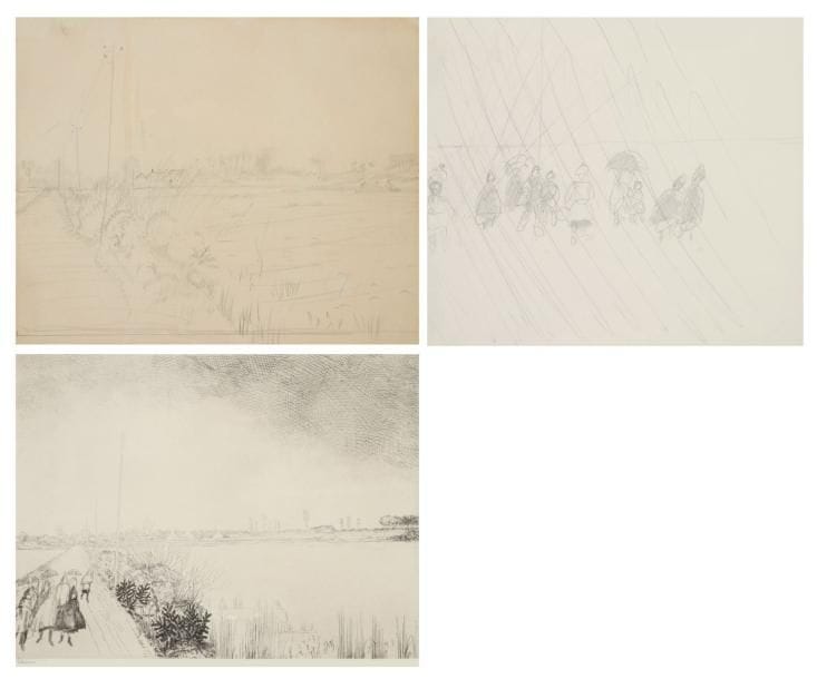 JEAN-ÉMILE LABOUREUR (1877-1943)
Les Enfants sur la route. 1932. Eau-forte. 325 x 248. S. L. 452. Épreuve sur vélin blanc, du 1er état (sur 3), avant la pluie, signée à la mine de plomb. Tirage à 4 épreuves de cet état. Tirage total à 58 épreuves. Joint: 2 dessins préparatoires à la mine de plomb sur vélin. À vue [180 x 161] et [245 x 200]. Ens. 3 p. dans un cadre.