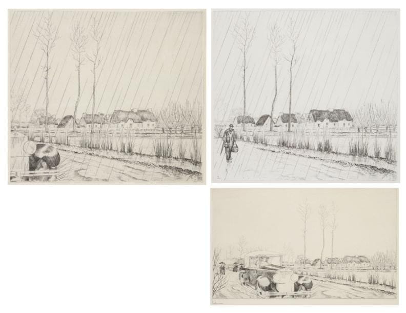 JEAN-ÉMILE LABOUREUR (1877-1943)
L'Auto sous la pluie (grande planche). 1932. Eau-forte. 245 x 150. S. L. 456. Épreuve sur vélin blanc, l'une des 9 du 2e état (sur 3), avant le monogramme et avant la pluie, signée à la mine de plomb. Joint: fragment du même sujet, tiré d'une épreuve du 3e état. Joint: La Pluie en Brière. 1937-1938. Eau-forte. 145 x 135. S. L. 456 bis. Planche issue de la précédente, l'avant de l'automobile remplacé par un piéton en chapeau avec parapluie. Tirage à 170 épreuves. Ens. 3 p. dans un cadre.