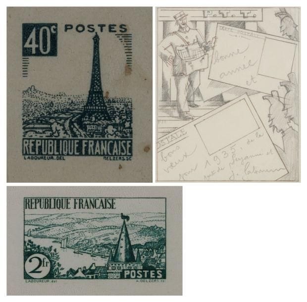 JEAN-ÉMILE LABOUREUR (1877-1943)
Les Nouveaux timbres. 1934. Eau-forte. 93 x 114. S. L. 497. Réunion de 2 épreuves sur vélin, l'une du 1er état (sur 2) avant la lettre, l'autre du 2e état (sur 2), annotée par l'artiste à la mine de plomb. Joint: 2 dessins préparatoires à la mine de plomb sur vélin. [95 x 110]. Joint: 2 projets de timbres gravés par Delzers d'après Laboureur, respectivement tirés en bleu et vert. S. L. V. 6 et t. IV, p. 475. Ens. 6 p. dans un cadre.
